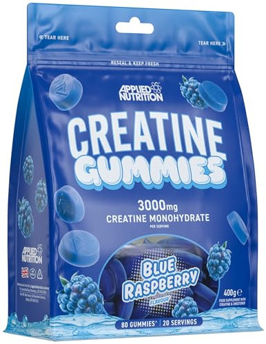 Applied Nutrition Creatine Gummies – 3000 mg Kreatin Monohydrat pro Dosis - 80 Vegane Creatin Gummies für Kraft, Leistung & Regeneration (20 Einnahmen) (20 Servings (Pack of 1), Blue Raspberry)