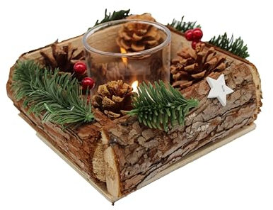 KAMACA Adventsgesteck mit Deko wie Tannenzapfen Beeren Einer Holzumrandung und Glas Teelichthalter Advent Weihnachten Adventsdekoration Kerzenständer (Adventsgesteck 1 Teelichthalter 16x16x8 cm)