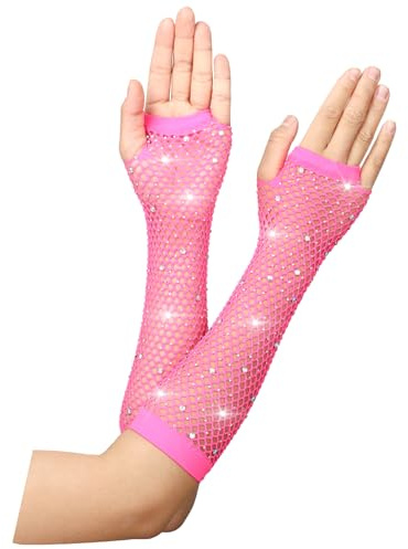 HaiFafafaing Fishnet Gloves Fingerless Long Rhinestone Neon Gloves Fish Net Arm Sleeves 80s Party Cosplay Costume Theme Halloween Accessories(Hot Pink)