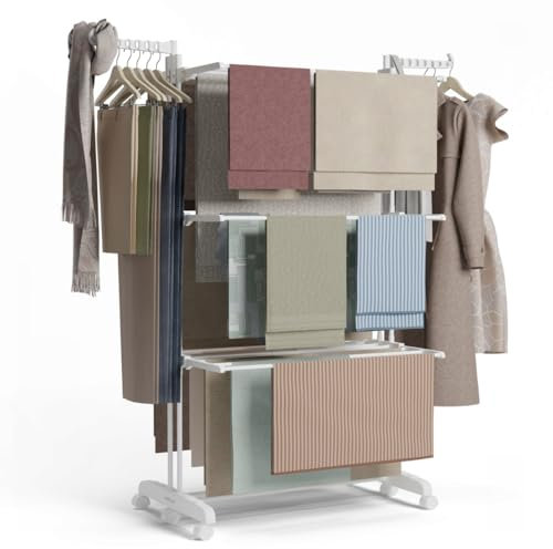 NEWTECK NEWLUX -Tendedero Vertical Plegable XXL Bastion V40 Blanco con Ruedas, 4 Niveles Dobles + Zapatero y 18,5m de tendido. Tendedero Plegable con Soporte para Perchas. Ideal como Perchero