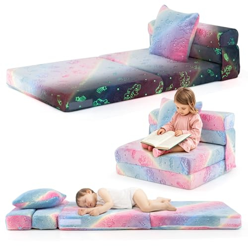 COSTWAY Kids Sofa Bed, Glow in The Dark Toddler Floor Mattress with Throw Pillow & Machine Washable Cover, Fold up Children Nap Mat Futon for Playroom Bedroom
