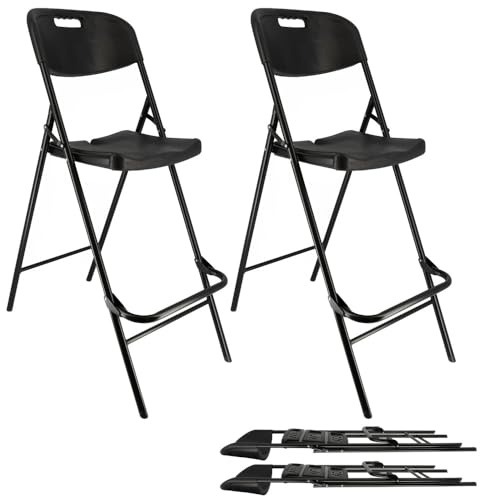 Lot de deux chaises de bar pliantes noires - Ht 120cm - Chaises hautes pliantes - Cadre en acier - avec dossier et repose pied