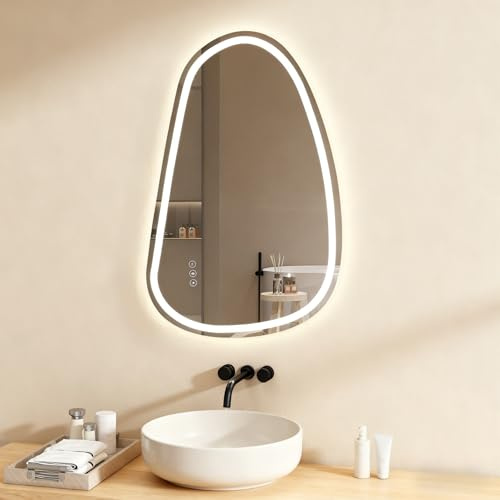 YOURLITE Miroir Salle de Bain avec Éclairage LED 85x55cm, Asymétrique Miroir Lumineux Salle de Bain, Interrupteur Tactile, 3 Couleurs et Dimmable, Antibuée, Mémoire, Horizontal/Vertical, IP44, Blanc