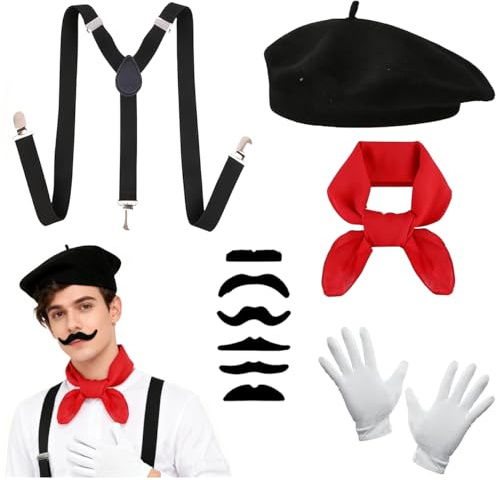 OCHILIMA Set di accessori francesi da uomo, costume francese per adulti con berretto, bretelle, baffi, sciarpa, guanti, costumi, kit mime, costume da carnevale