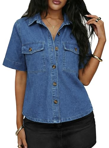 Denim Shirt Women Short Sleeve Button Down Casual Tops Summer Jean Jacket with Pockets Daily Wear Blue