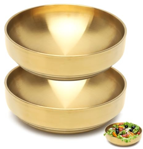 LOMUG Ciotola da 1800 ml, a doppia parete, in acciaio inox, 2 pezzi, Ø 23 cm, in acciaio inox coreano, isolata termicamente, a prova di scottature, per zuppa di pasta bibimbap, colore: oro