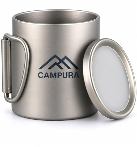 Campura Titan Campingbecher 450 ml mit Deckel und Transportbeutel, doppelwandiger Outdoor Becher mit Faltgriff, ultraleichte Tasse für Camping, Trekking und Reisen