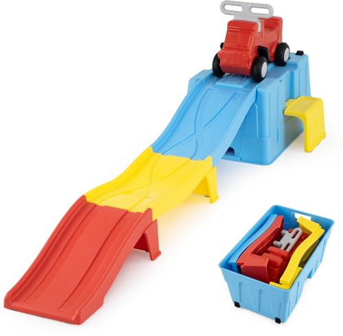 COSTWAY Up & Down Roller Coaster kan belastas upp till 68 kg (blå gul + röd) | Utbyggbar väg för barn med glidbil, förvaringslåda och racerbanor, motorikleksaker för barn från 3 år
