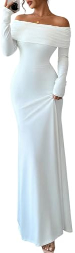 Elegant lång klänning med off shoulder och smal passform för kvinnor | Stretchigt tyg, Off shoulder-modell, Långärmad modell, Rynkad detalj, Formell klädsel, Vit, Extra stor