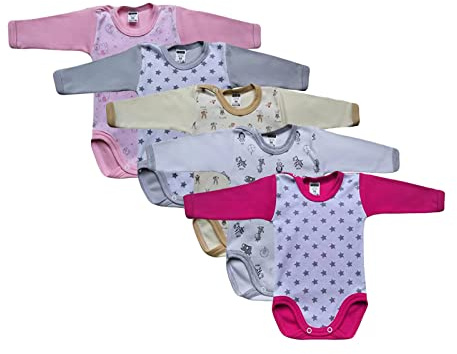 MEA BABY Unisex Baby Långärmad Body Bomull, Mönstrad 5-pack (56, Flickor)