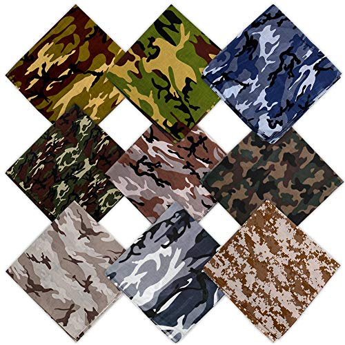 HANGNUO 9 Pack Camo Bandanas Cotton Headwraps Wristband Sports Face Cover for Running Cycling Hiking, 22 x 22 Inches