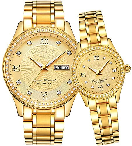 Paare Automatische Selbstaufzug Uhren Kalender Datum Luxus Edelstahl Herren und Damen Paar Uhren Sie und Ihn Automatik Uhr Geschenke 2er Set, gold, Automatikuhr