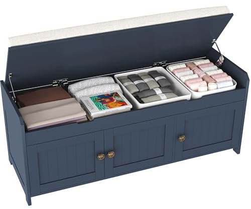 HOMEFORT 41.3 Shoe Bench with Lift Top Storage, Entryway Bench with Cushioned Seat, Wooden End of Bed Bench, Shoe Cabinet Bench with Hidden Storage Space, for Bedroom, Hallway,Blue