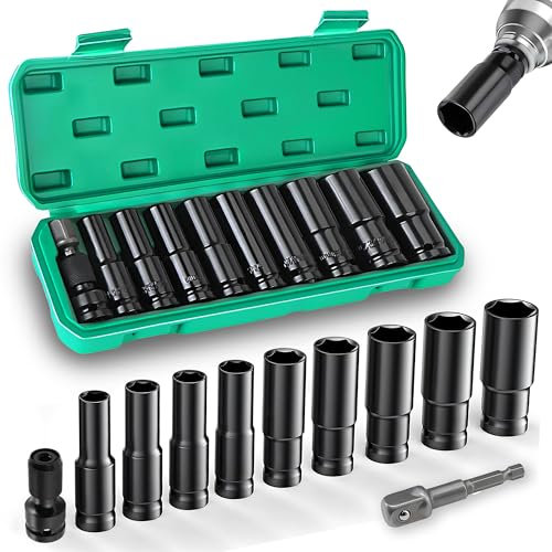 ZEXUPORIUM 11 Piezas Juego de Llaves de Vaso, 10-24mm Vasos de Impacto 1/2, 2 Adaptadores de Llave de Vaso, Ferramentas Auto para Reparación de Coches Cambio de Neumáticos