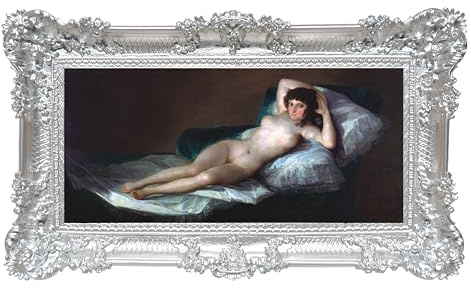 LIGUORO SHOP Francisco Goyas Maja Desnuda Quadro Reproduktion tryckt på en fyrkantig banderoll med barockram 96X56 cm (Silver)