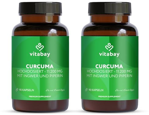 Vitabay Kurkuma Kapseln hochdosiert – 180 Vegane Tabletten mit 500 mg Curcuma & Piperin – Kurkumin Extrakt – Curcumin Supplement – 1 Kapsel täglich
