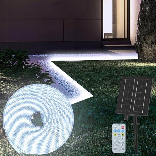 CCILAND 10M Solar Utomhus LED Strip Lights IP68 Vattentät Ljusremsa med 8 lägen, Fjärrkontroll, Flexibel, Ärm Strip för Trädgård, Veranda, Uteplats, Gazebo - Kallvit