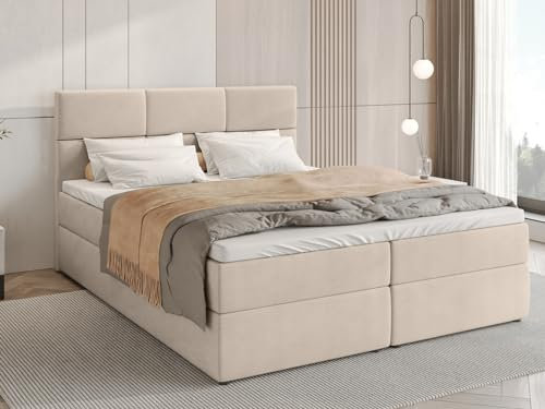 BROMARKT Boxspringbett mit Bettkasten Polsterbett mit Bonell-Matratze und Topper Doppelbett mit Stauraum Bett für Schlafzimmer gepolstertes Kopfteil Boston 140x200 Härtegrad H3 Samtstoff Beige