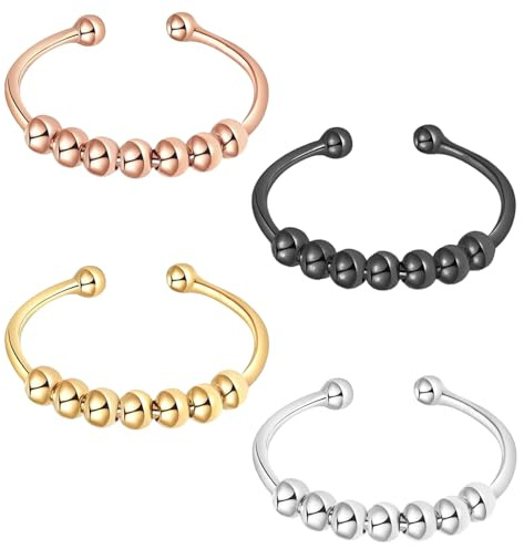 DMNQ Anelli Antistress Donna con Perline Regolabile Aperto Rotante Anello Sottile Regali per Donna Uomo Ragazza Nero Argento Oro e Oro Rosa