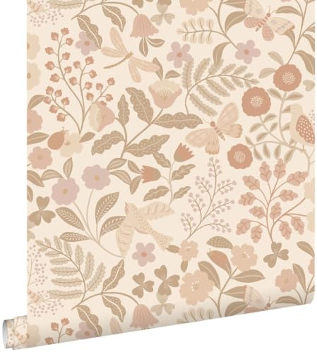 ESTAhome tapet blommor och fåglar beige och mjukt rosa 53 cm x 10.05 m