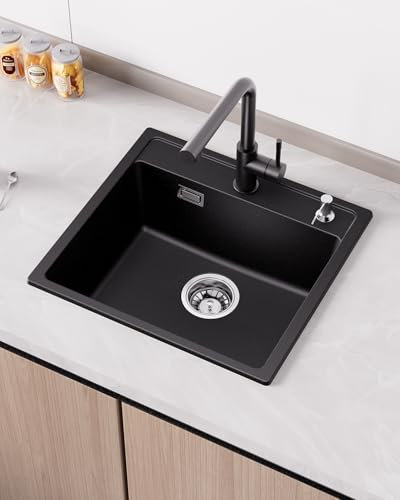 ANYCEE Fregadero Cocina 1 Seno Negro 50x46 cm, 80% Arena Cuarzo Fregadero CocinaIncl Sifón para Armarios Bajos a Partir 50 cm Ancho