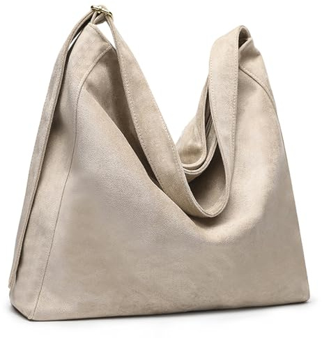 Gluckstar Damen Shopper Tasche, Große Umhängetasche mit Reißverschluss, Schultertasche aus Wildlederimitat, Handtasche für Arbeit, Uni & Alltag, Stilvolle Tote Bag (Eiskristallweiß)