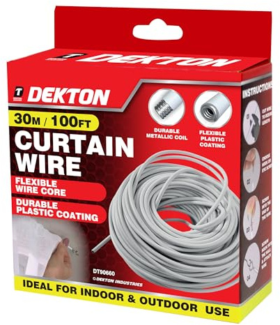 Dekton 30M Curtain Wire – Heavy Duty Flexible Wire for Hanging Curtains, Netting, & Voiles | Easy to Cut & Install | Includes Fixings | Ideal for Home, Office or Outdoor Use | Durable & Rust-Resistant