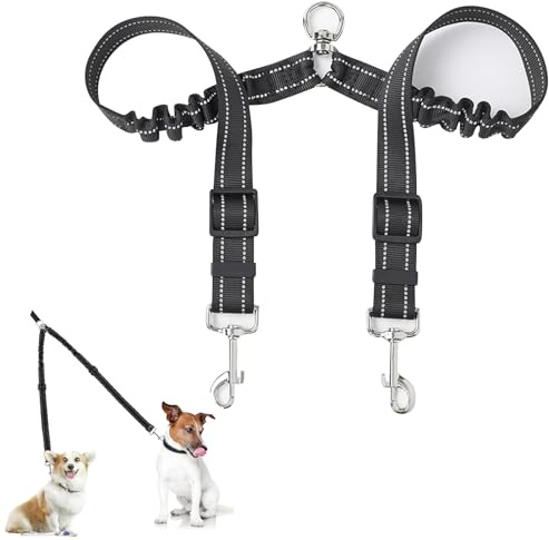 Double Dog Lead for Walking 2 Dogs No Tangle, Reflective Adjustable Double Ended Lead for Dogs 360° Swivel Heavy Duty Dual Splitter Soft Handle Bungee Leashes Small Medium Puppy