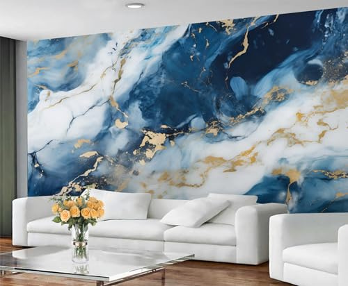 YXQAIED Marble Wallpaper, Royal Blue Bedroom Wallpaper, Vintage Blue Wall Paper for Living Room, Not Self Adhesive White Gold Marble Photo 3D Wall Murals & Room Decor, 100x70cm