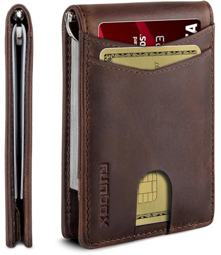 RUNBOX Genuine Leather Wallet for Men 12 Cards Slim Money Clip Mens Wallet Bifold Rfid Blocking with 2 ID Windows Card Holder Wallet with Gift Box