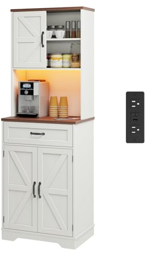 Vabches 68 Farmhouse Storage Cabinet with LED Light & Charging Station, Tall Kitchen Pantry Storage Cabinet with Storage Drawers, Coffee Bar with Hutch for Home Dining Living Room, Rustic White