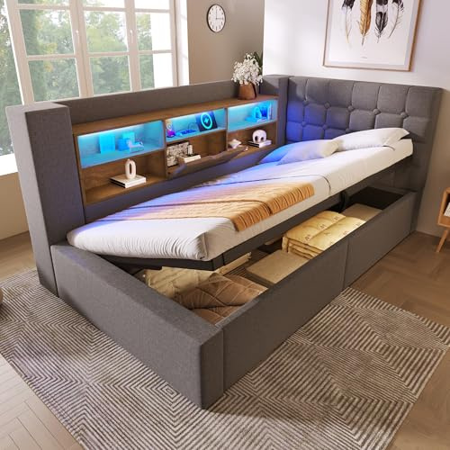 HOXINBLY Letto Singolo Imbottito 90x190 cm con Contenitore, Divano Letto con Illuminazione a LED, testiera a L con Contenitore e Rete a doghe, Tessuto di Lino, Grigio (Materasso Non Incluso)