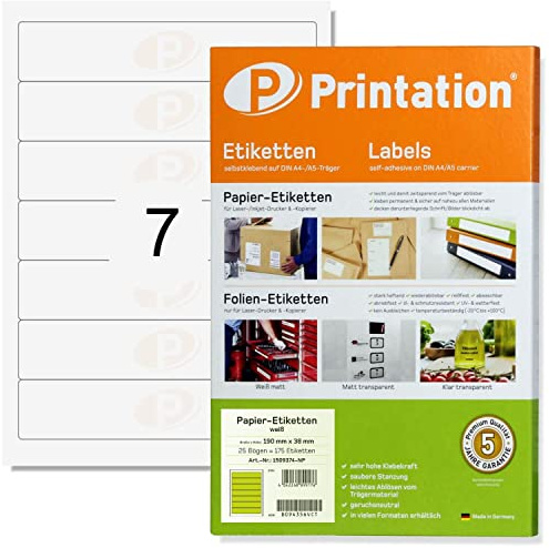 Printation Lot de 175 étiquettes autocollantes pour dos de classeur - 190 x 38 mm - Blanc - Imprimables sur 25 feuilles A4 - 1 x 7 - 7 étiquettes autocollantes imprimables par feuille A4 - 38 x 190 mm
