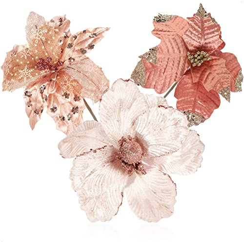 com-four® 3x composizioni decorative, fiori artificiali come fantastiche decorazioni natalizie, bellissime decorazioni per la stanza, anche per ghirlande e composizioni floreali (rosa)