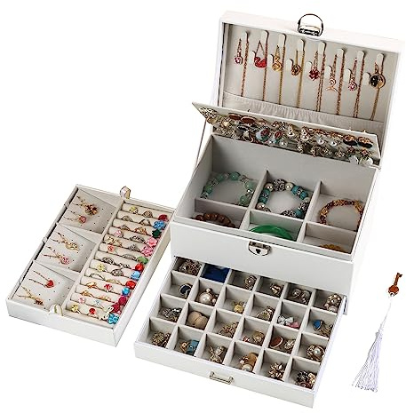 BOOVO Earring Jewelry Box For Women Girl Stud Organizer, 5 Layers Girl Jewelry Organizer Box With Lock Earring Holder Organizer Necklace Ring Jewelry Organizer Box For Girls (White, 5 layer)