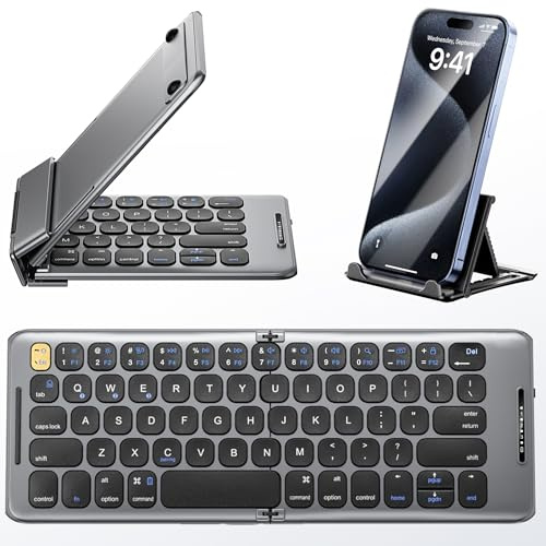 PuechAxe Vikbart Bluetooth-tangentbord med stativhållare, bärbart trådlöst telefontangentbord, uppladdningsbart fullstorlek ultratunt resetangentbord för iOS, Android, Windows, Fit Phone Pad Tablet