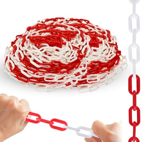 Cadena de barrera de plástico rojo y blanco: WEGREAT 15 m 6 mm cadena de barrera cadena de plástico cadena de barrera cadena de advertencia para seguridad de advertencia, aparcamiento, control de