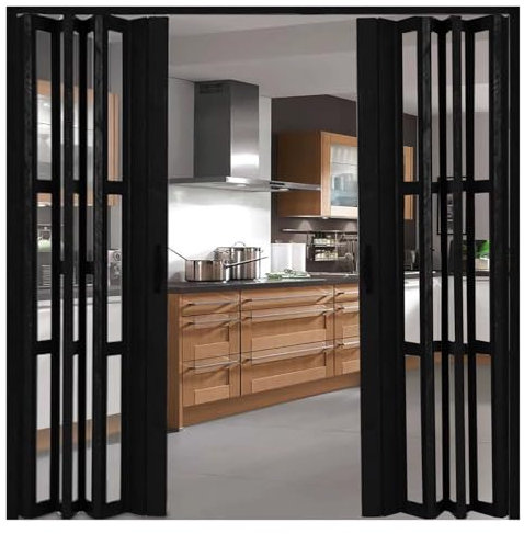 Kitchen Hallway Restaurant Bi Folding Barn Door, Large 210 200 180 150 130 110 90 80 CM Retractable Sliding Doors with Acrylic Glass, Portable Double Folding Door(Black,83x80in(210.8x203cm))