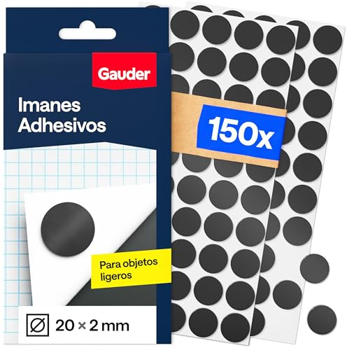 GAUDER Puntos Magnéticos - Imanes Adhesivos Redondos para Manualidades, Nevera, Oficina y Escuela - Parches Autoadhesivos para Notas, Fotos y Objetos Ligeros (150 Unidades - 20 x 2 mm)