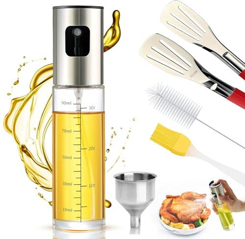 Qnynnty Ölsprüher für Speiseöl 100ml Öl Sprühflasche aus Glas für Heißluftfritteuse Olivenöl Sprüher zum Kochen mit Edelstahltrichter und Reinigungsset Oil Sprayer für Salat Grillen Backen Grill