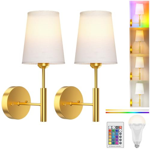Battery Operated Wall Lights, Rechargeable Wireless Wall Sconce Set of 2 with Remote Control, 3 Color Temperatures & RGB Dimmable, 5000mAh E27 Bulb, Wall Lights for Living Room, Bedroom, Hallway