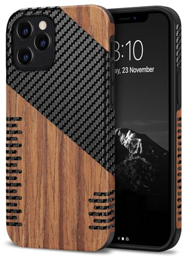 TENDLIN Kompatibel mit iPhone 12 Pro Hülle/iPhone 12 Hülle Holz und Carbon Textur Design Leder Hybrid Handyhülle (Twill)