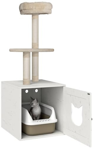 PawHut Arbre à Chat avec Maison de Toilettes, Tour de Jeu 2-en-1, Niche pour Chat de 129 cm avec Cache-litière, poteaux à griffer, Plateforme, lit, crème