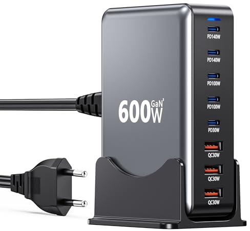 Chargeur USB C 600W GaN,Adaptateur secteur 8 ports multiples Station de charge rapide avec 5 USB-C + 3 USB-A,PD140W Adaptateur secteur chargeur multiple compatible avec Laptop/MacBook/iPhone 16/Galaxy