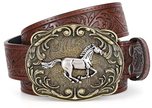 SANSTHS Western Leather Belt with Buckle for Men Women Cowboy Men's Belt Gifts Traditional Costume Western Buckle Horse Coffee S