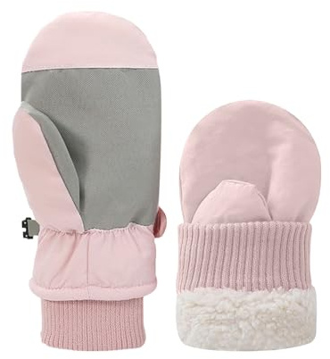 Fjquamitix Kids Winter Ski Mittens, Waterproof Mittens Kids, Warm Fleece Lined Toddler Ski Gloves Age 2-8 Boys Girls For Winter Outdoor (Pink, L)
