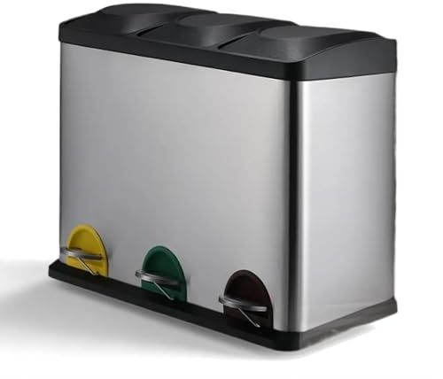 Clevich Trash Can 3 Compartments, 3 x 15 L Waste Separation System with Lid, 45 Litre Stainless Steel Pedal Bin, Removable Inner Bucket with Carry Handle, Waste Bin for Kitchen, Office - Silver
