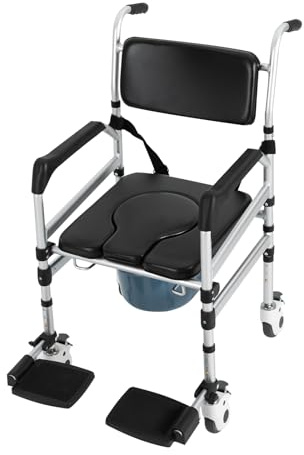 Silla de ducha plegable con ruedas y bidé 160 kg silla de inodoro ajustable en altura de aluminio y PVC con reposabrazos respaldo cinturón de seguridad y cepillo de limpieza negro plata