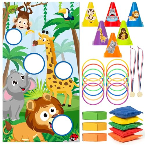 Haooryx 6 in 1 Outdoor Activity Game - Jungle Animal Themed Party Game with Ring Toss Bean Bag Score Holes Banner Cones 3-Legged Race Bands Medals for Indoor Outdoor Play Yard Activity Party Supply