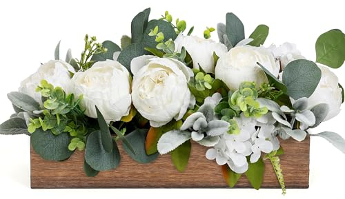 Scawim Spring Flower Table Centerpieces for Wedding Pre-Made Artificial Peony Hydrangea Dining Table Decorations Wood Tray with Fake Flowers for Living Room Office Bar Kitchen Table(White)